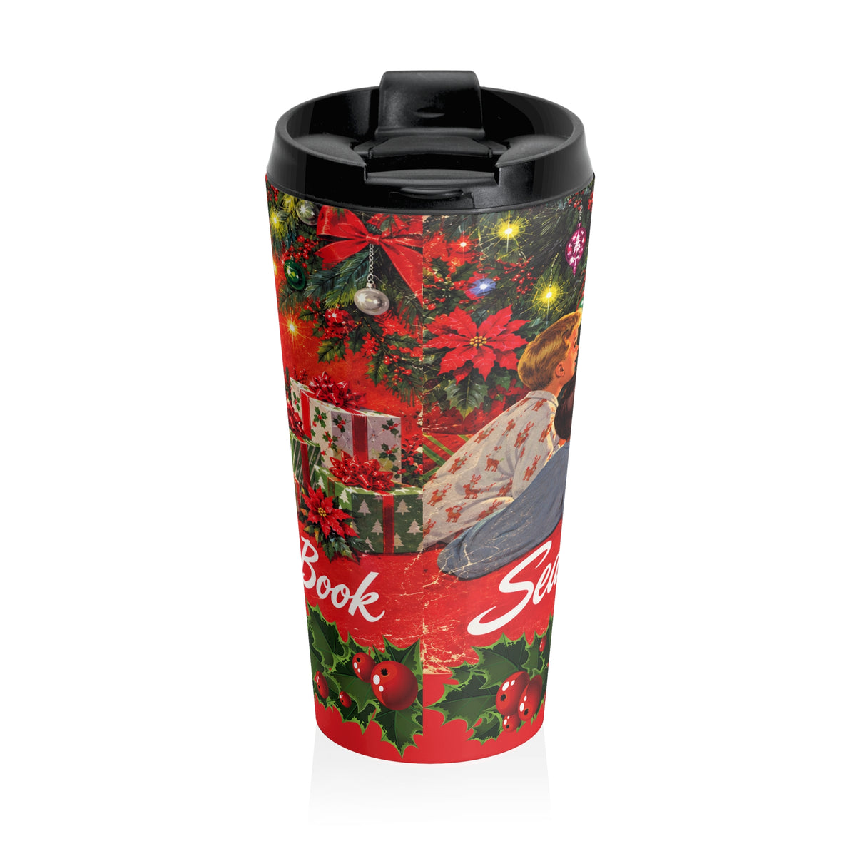 Vintage Santa Christmas tree travel mug | Retro 1950s holiday design