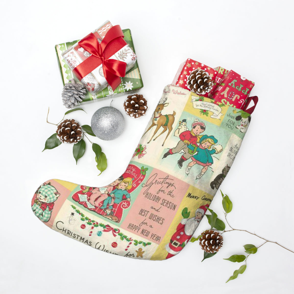 Vintage Christmas Postcard Stocking Christmas Stocking | Retro Holiday Cards Print