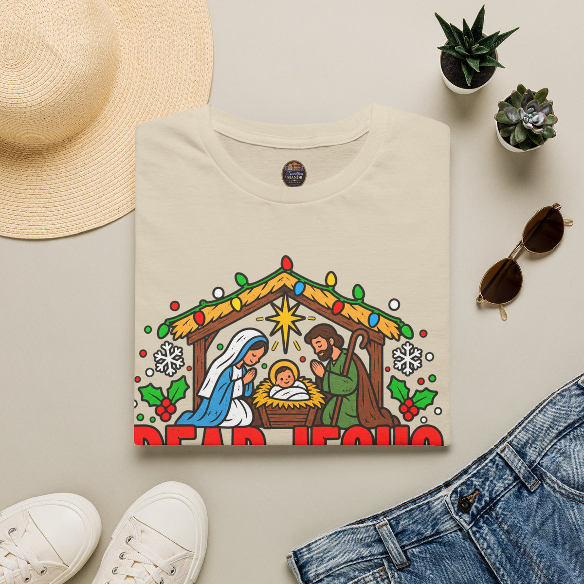 Dear Jesus Nativity Illustration T-Shirt | Humorous Religious Christmas Tee