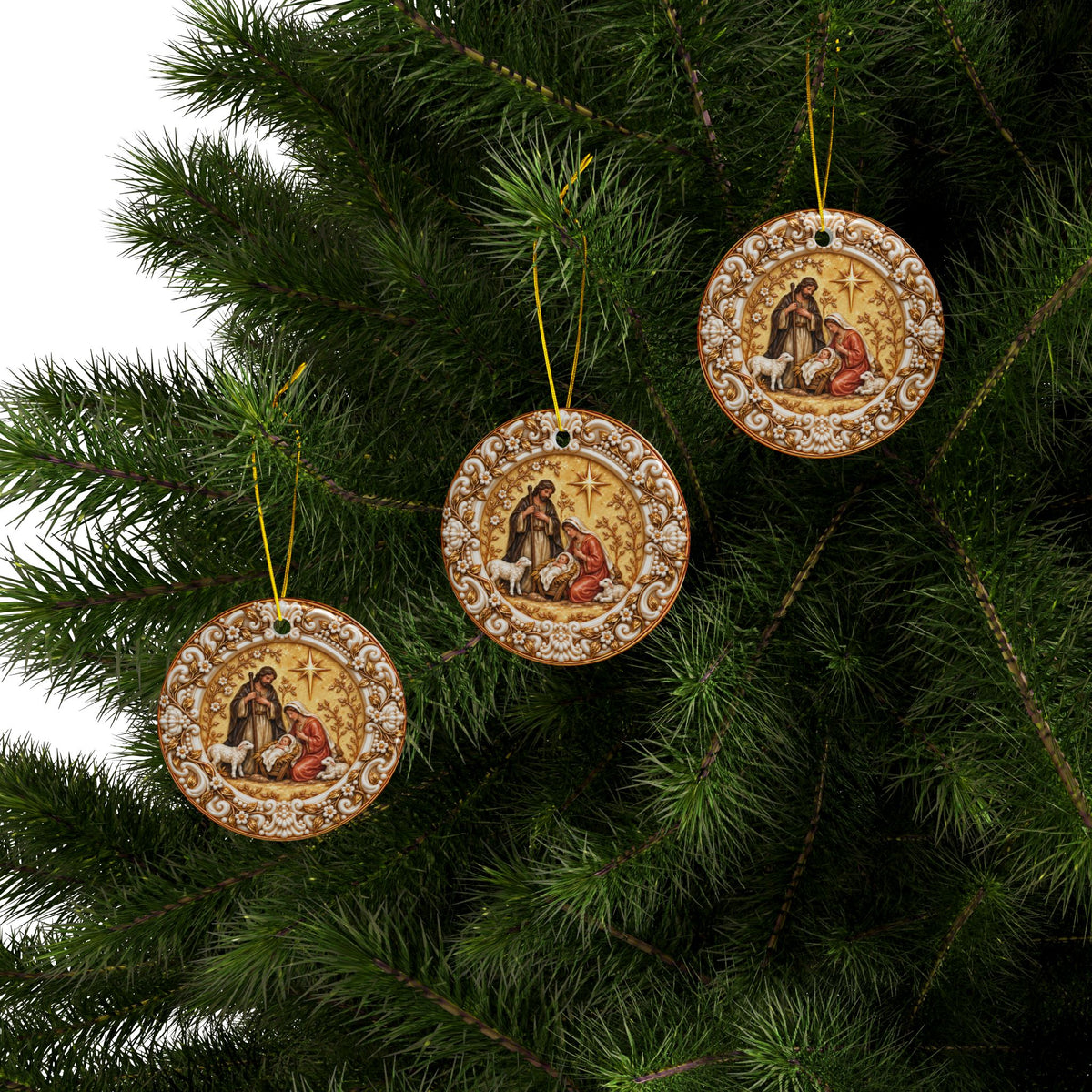 Holy Family Nativity Ceramic Christmas Ornament | Ornate Christian Holiday Décor | Sets of 1, 3, 5 or 10