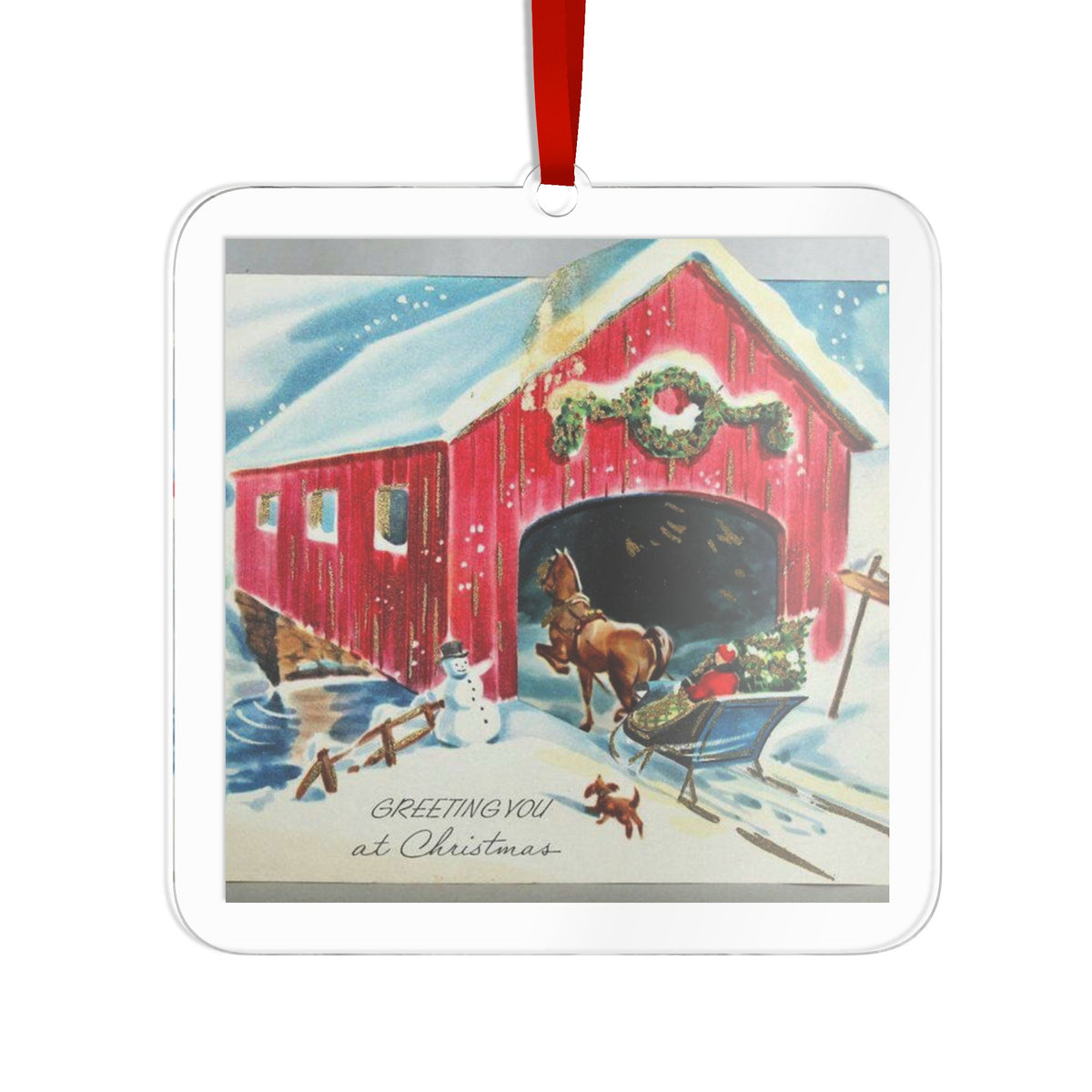 Christmas Santa, Sleigh, Red Beidge and Snowman Custom Cut Acrylic Ornament