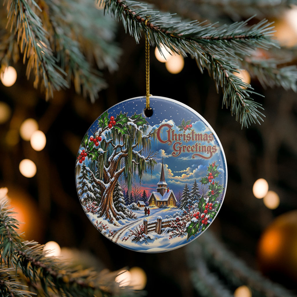 Christmas Greetings Winter Church Ceramic Decoration Ornament, (1pc)
