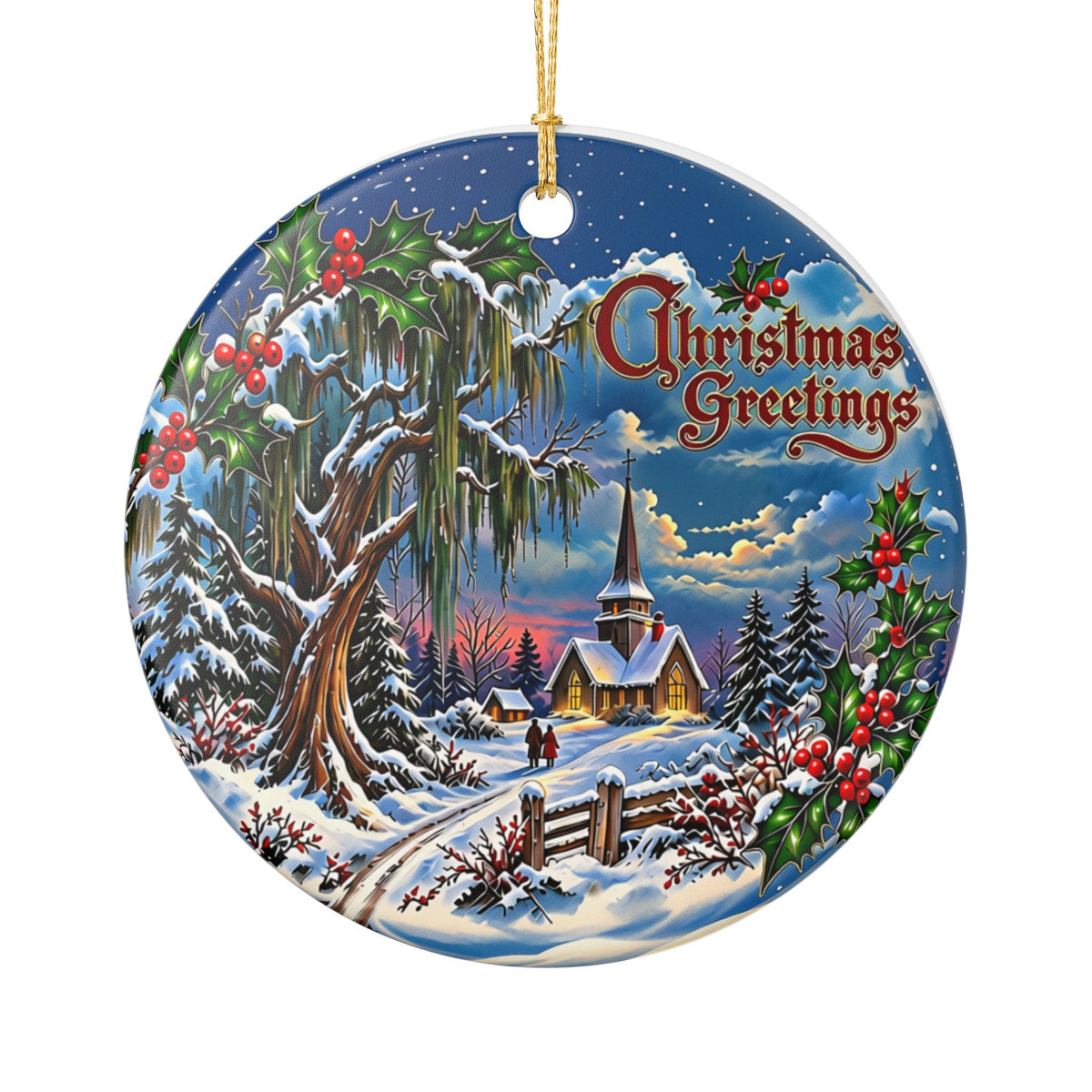 Christmas Greetings Winter Church Ceramic Decoration Ornament, (1pc)
