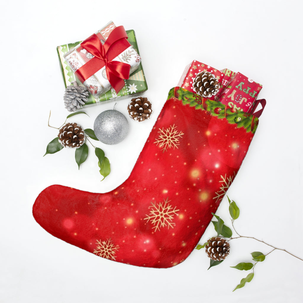 Red Snowflake Christmas Stocking | Holiday Stocking with Green Garland