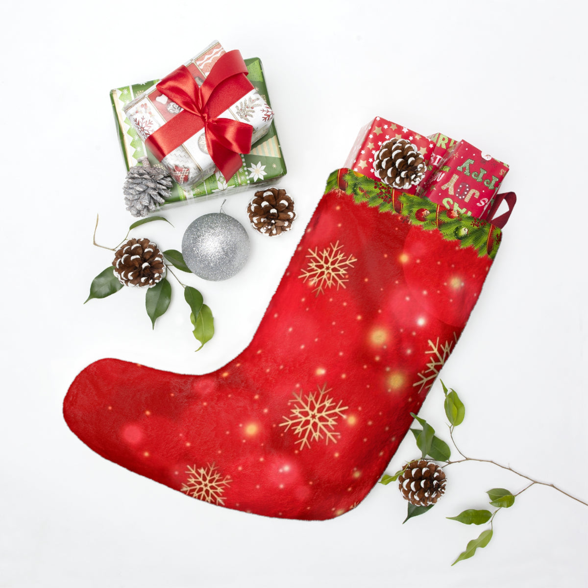 Red Snowflake Christmas Stocking | Holiday Stocking with Green Garland