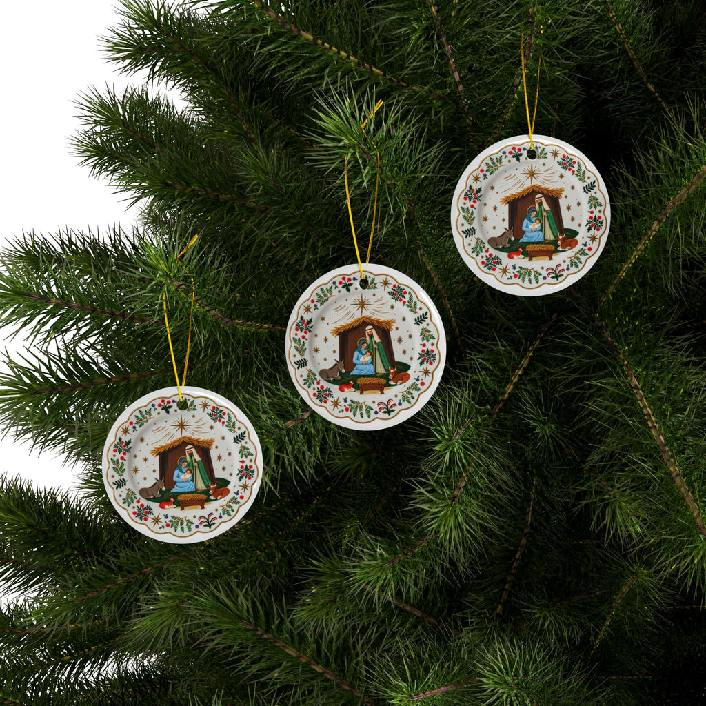 Nativity Scene Ceramic Ornament | Round Porcelain Christmas Ornaments, Two-Sided Print