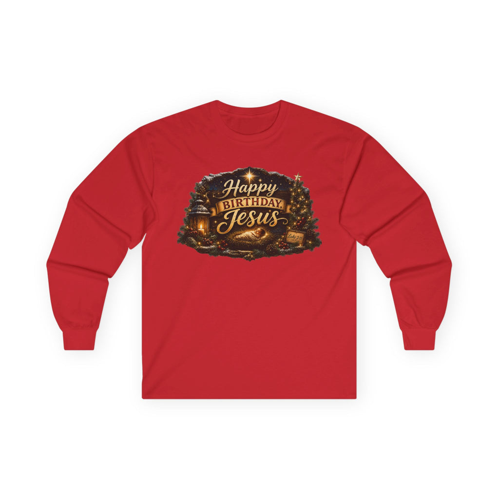 Happy Birthday Jesus Long Sleeve Tee | Nativity Christmas Religious Tee