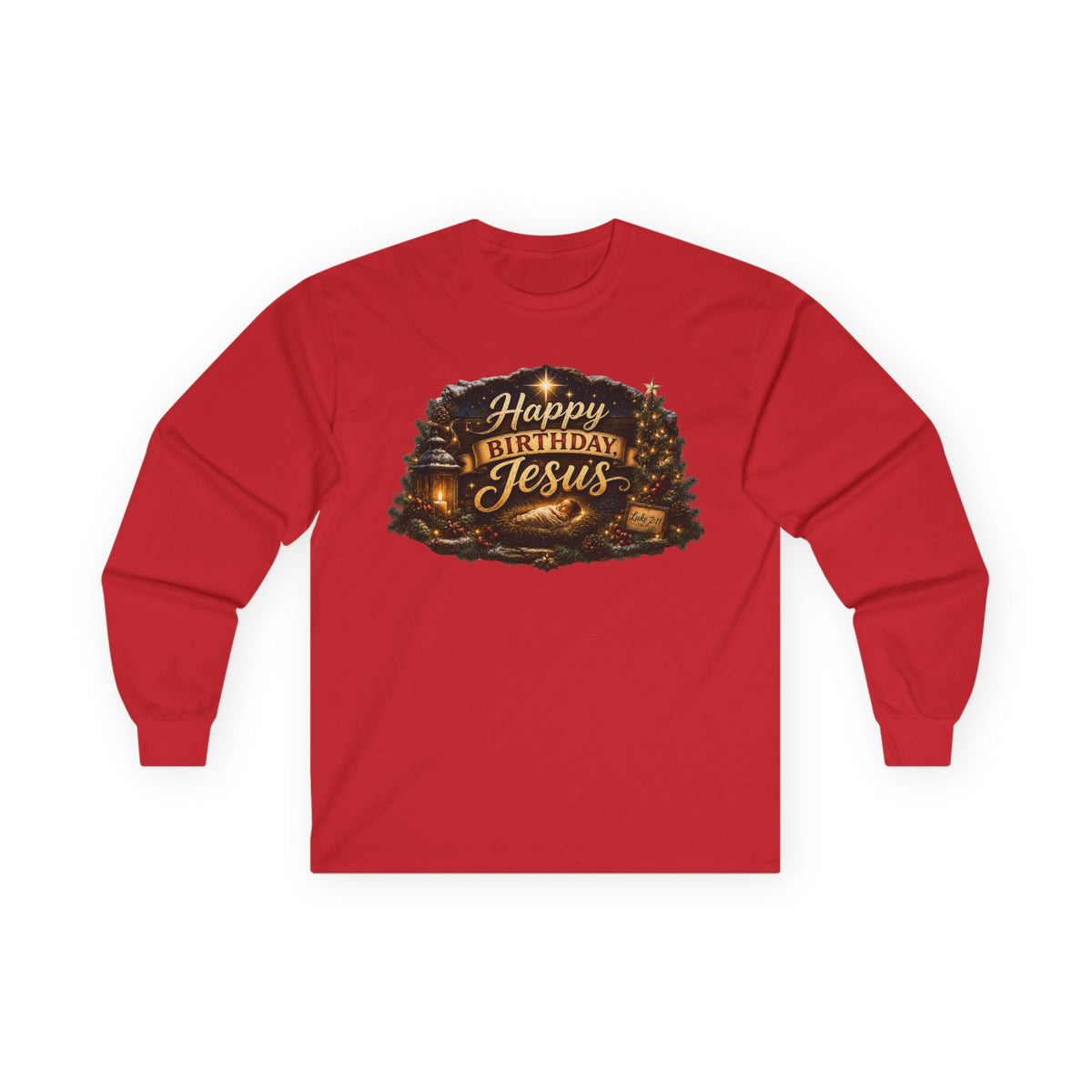 Happy Birthday Jesus Long Sleeve Tee | Nativity Christmas Religious Tee