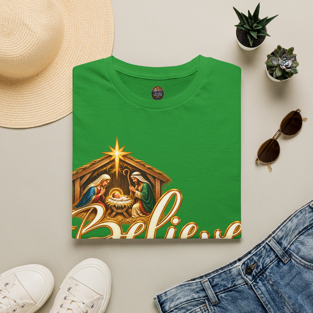 Nativity Manger Believe T-Shirt | Christmas Religious Holiday Tee