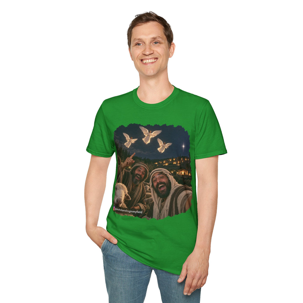 Shepherds Outstanding in the Field Christian Humor Unisex Softstyle Christmas T-Shirt