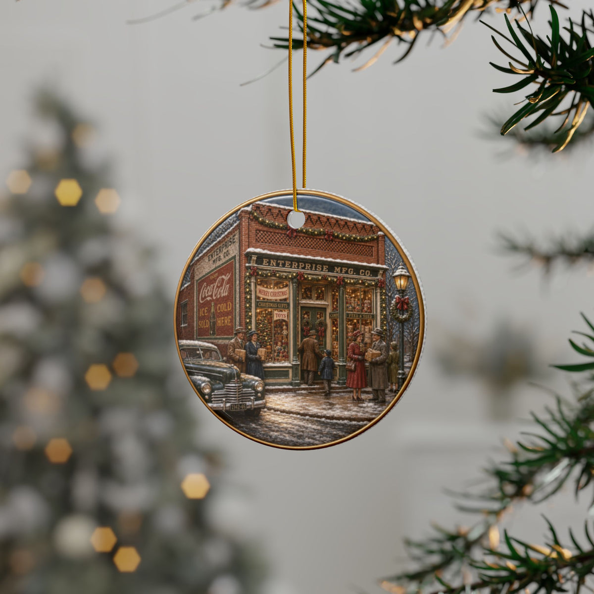 Vintage Small Town Christmas Shopping Christmas Ornaments, 2-Side Print, (1pc, 3pcs, 5pcs, 10pcs)