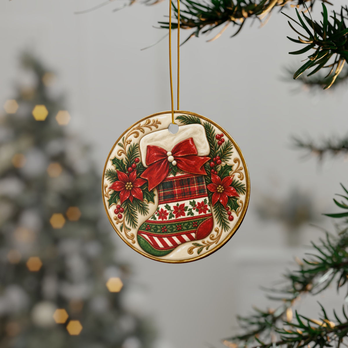 Traditional Christmas Stocking Ceramic Ornament | Red Green Gold Holiday Décor | Sets of 1, 3, 5 or 10