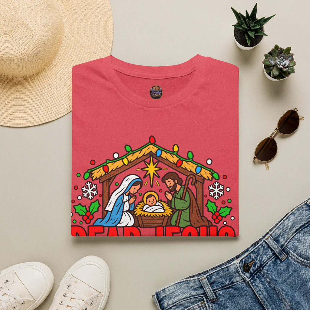 Dear Jesus Nativity Illustration T-Shirt | Humorous Religious Christmas Tee
