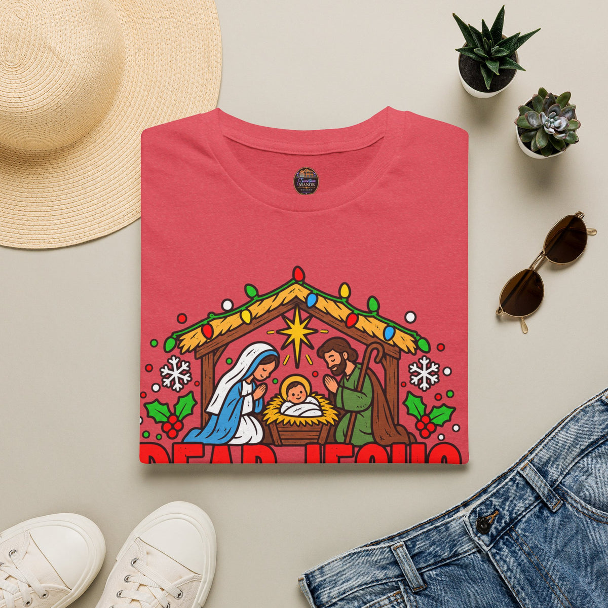 Dear Jesus Nativity Illustration T-Shirt | Humorous Religious Christmas Tee