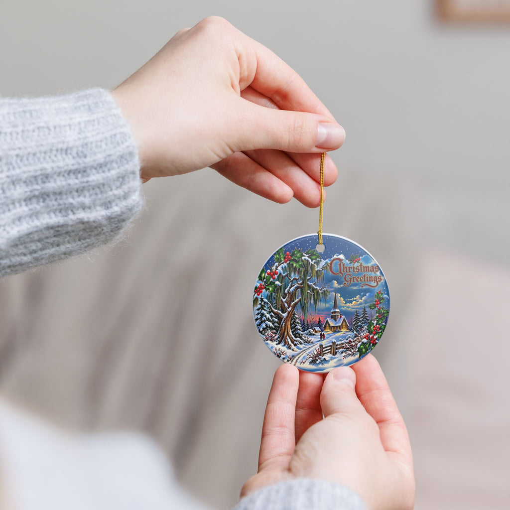 Christmas Greetings Winter Church Ceramic Decoration Ornament, (1pc)