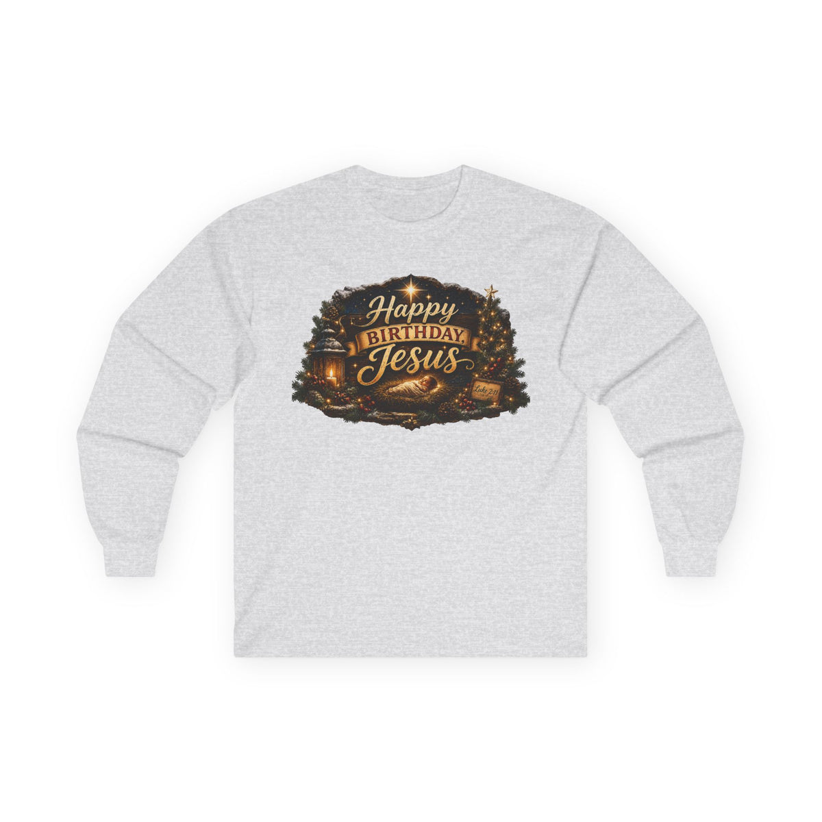 Happy Birthday Jesus Long Sleeve Tee | Nativity Christmas Religious Tee