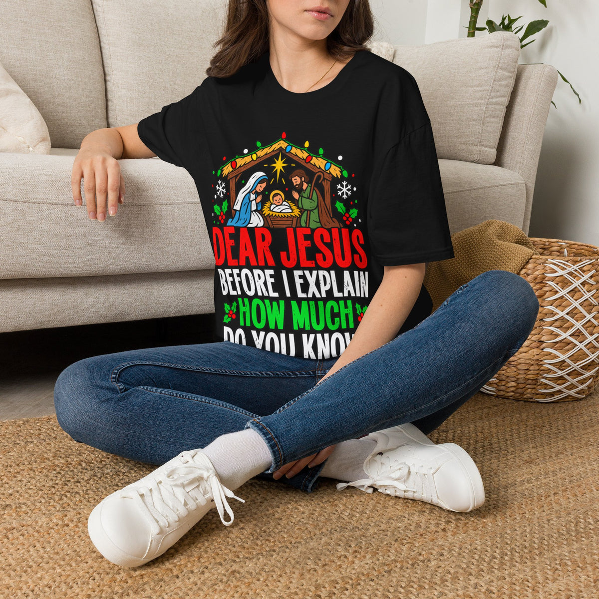 Dear Jesus Nativity Illustration T-Shirt | Humorous Religious Christmas Tee