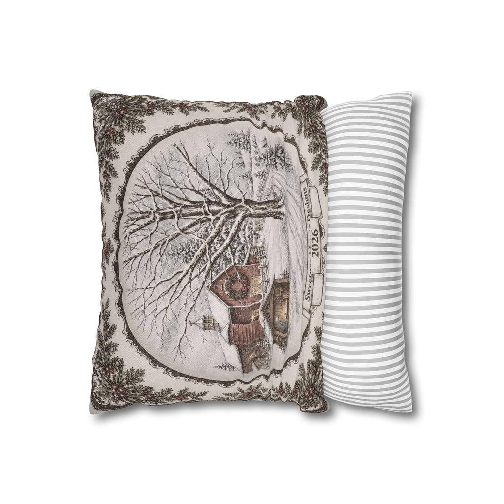Winter Cabin Decorative Pillowcase — Snowy Village Scene Throw Pillow Cover