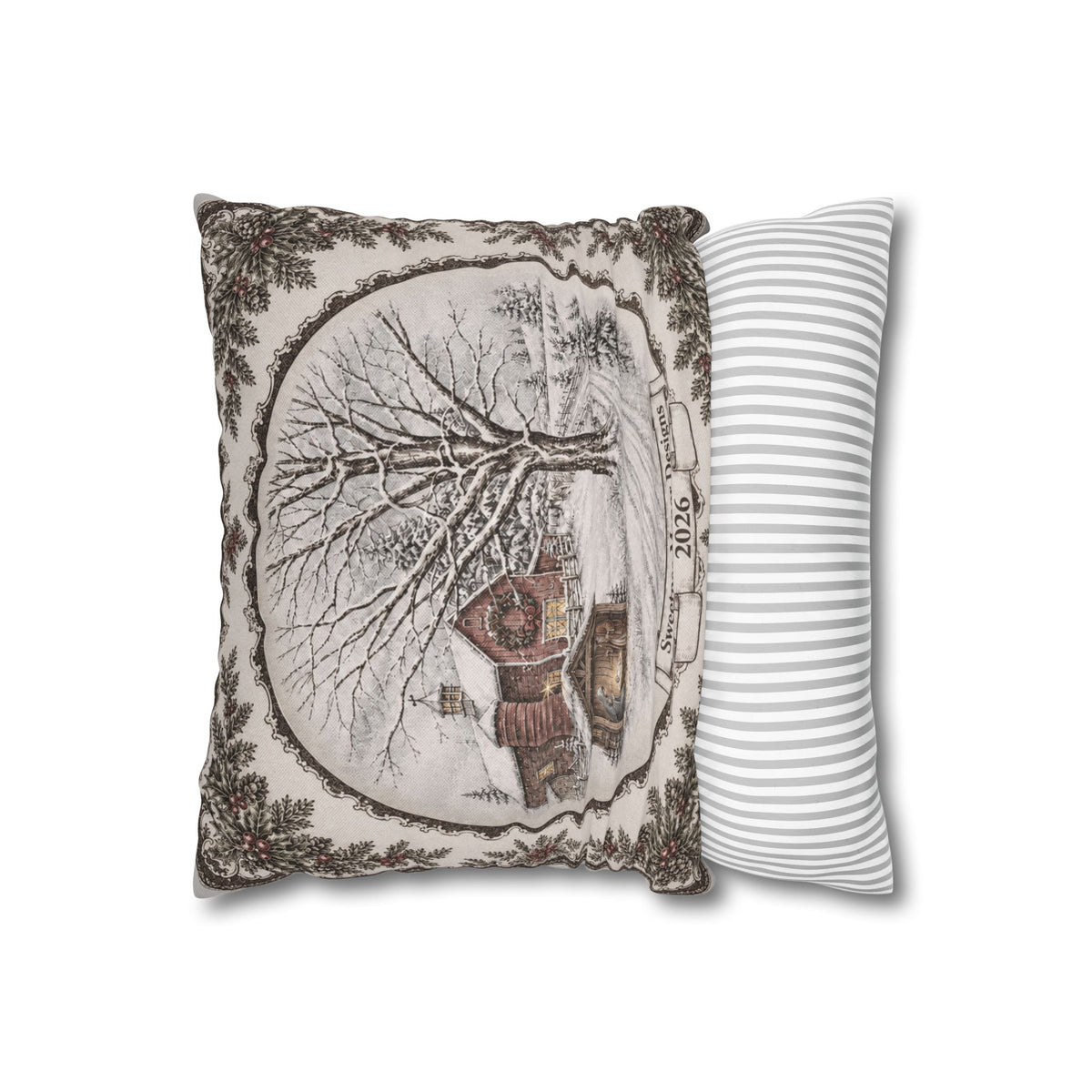 Winter Cabin Decorative Pillowcase — Snowy Village Scene Throw Pillow Cover