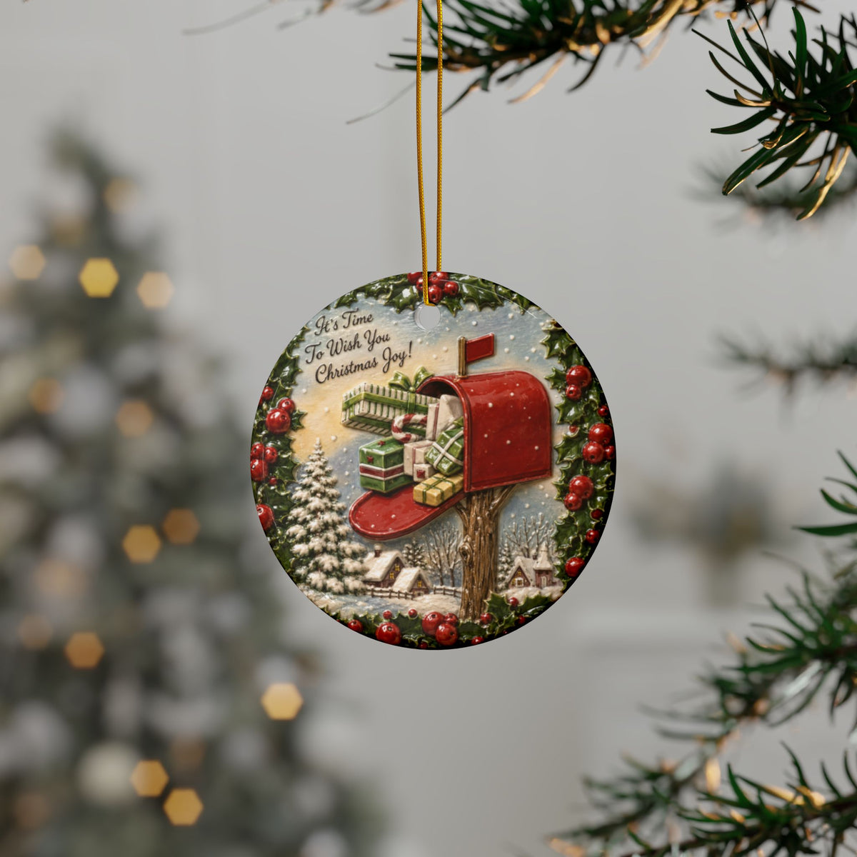 Vintage Red Mailbox Christmas Joy Ceramic Christmas Ornaments, 2-Side Print, (1pc, 3pcs, 5pcs, 10pcs)
