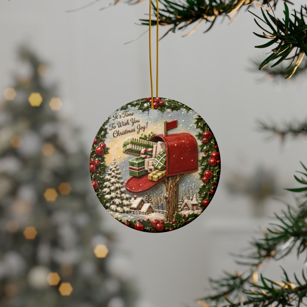 Vintage Red Mailbox Christmas Joy Ceramic Christmas Ornaments, 2-Side Print, (1pc, 3pcs, 5pcs, 10pcs)