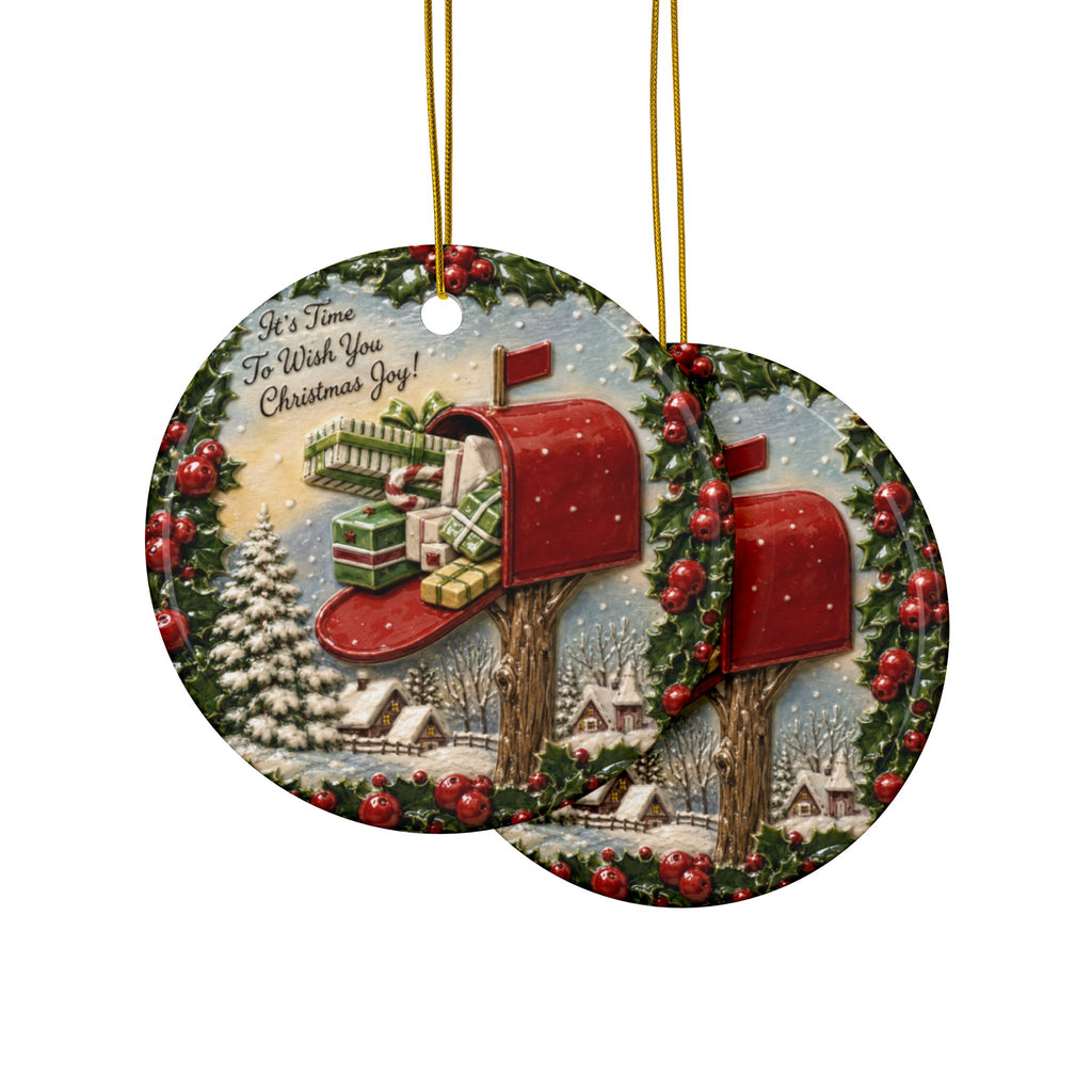 Vintage Red Mailbox Christmas Joy Ceramic Christmas Ornaments, 2-Side Print, (1pc, 3pcs, 5pcs, 10pcs)