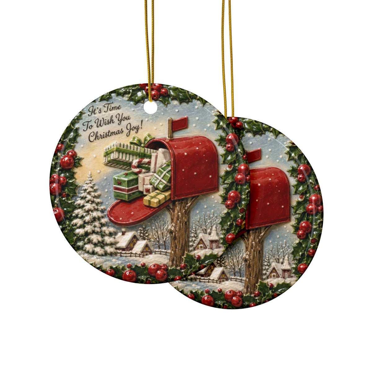 Vintage Red Mailbox Christmas Joy Ceramic Christmas Ornaments, 2-Side Print, (1pc, 3pcs, 5pcs, 10pcs)