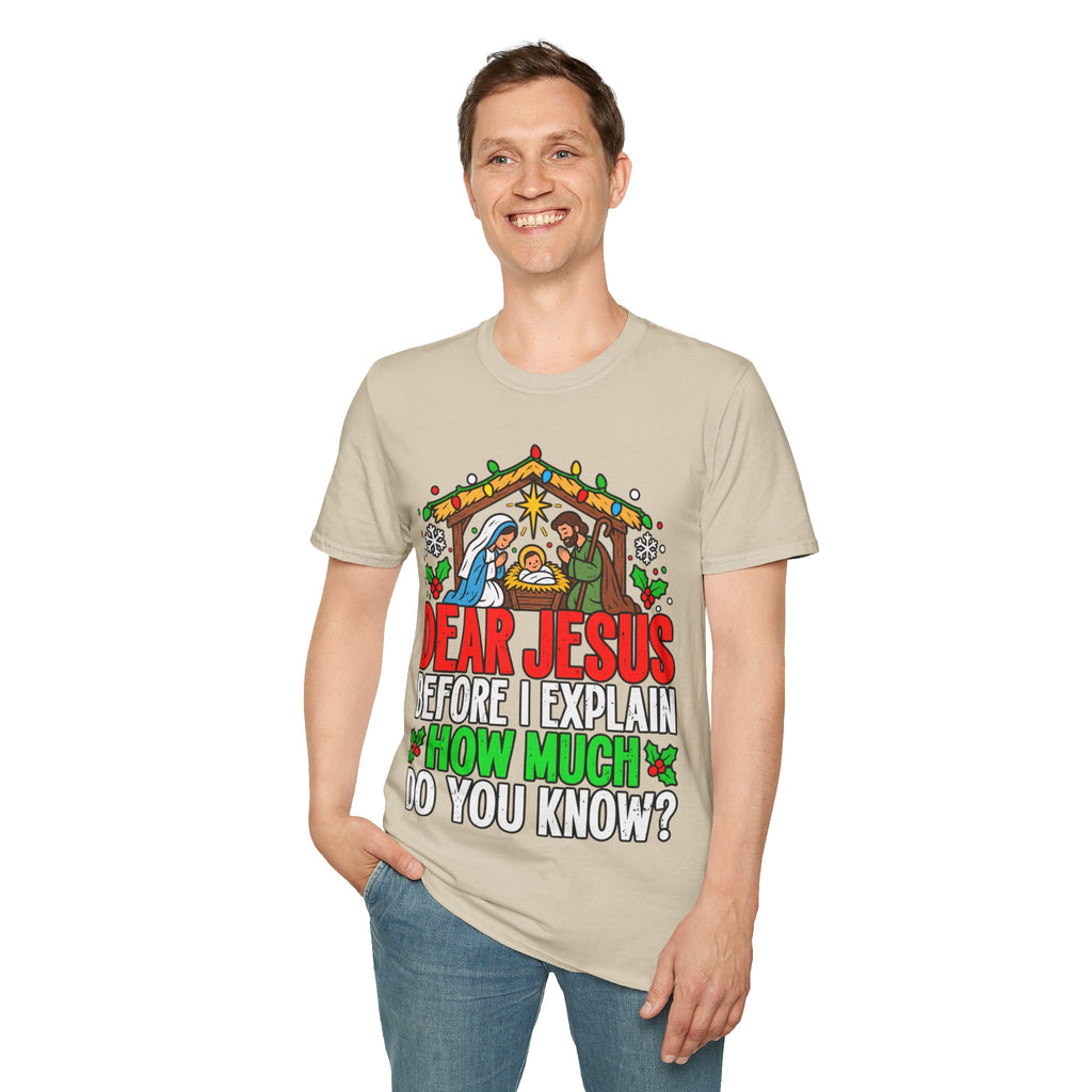 Dear Jesus Nativity Illustration T-Shirt | Humorous Religious Christmas Tee