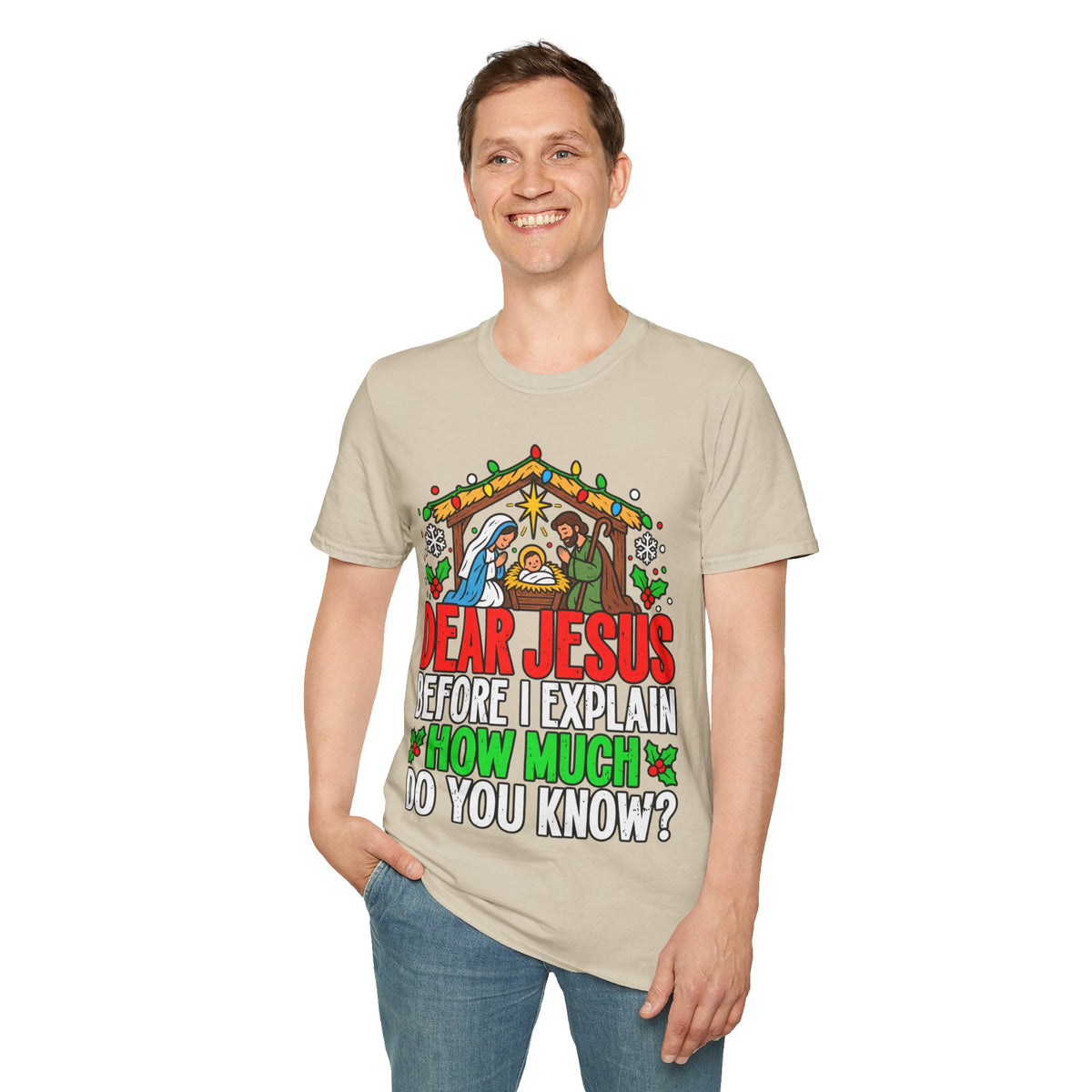 Dear Jesus Nativity Illustration T-Shirt | Humorous Religious Christmas Tee