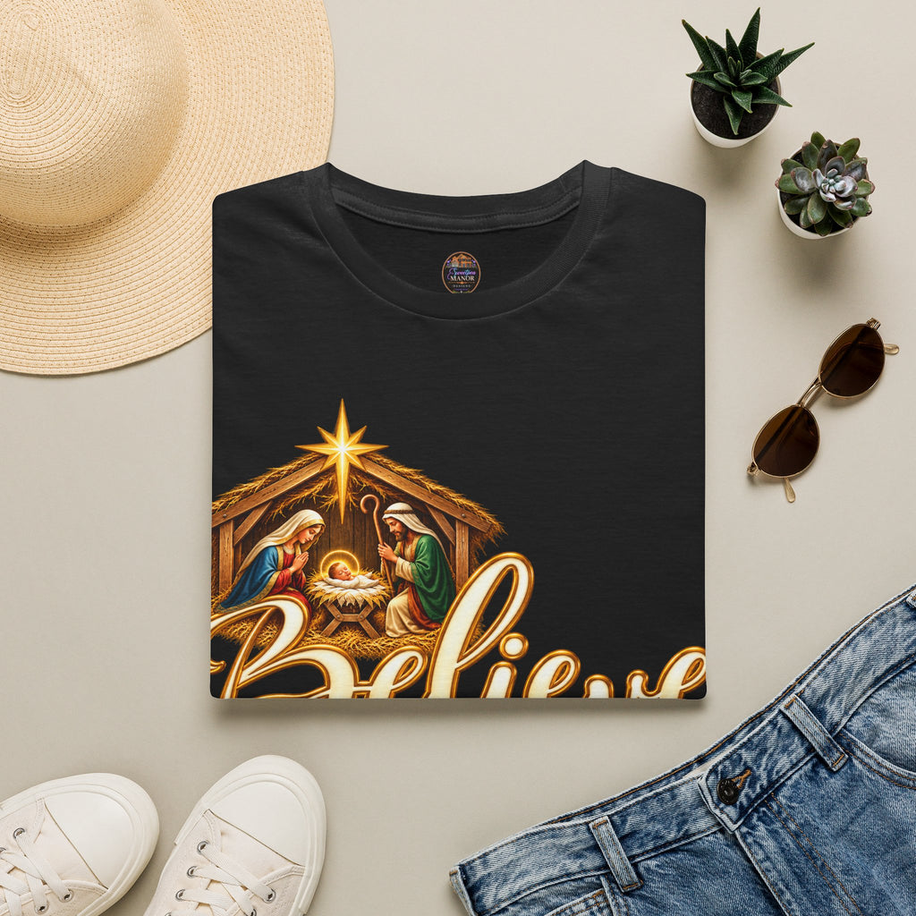 Nativity Manger Believe T-Shirt | Christmas Religious Holiday Tee