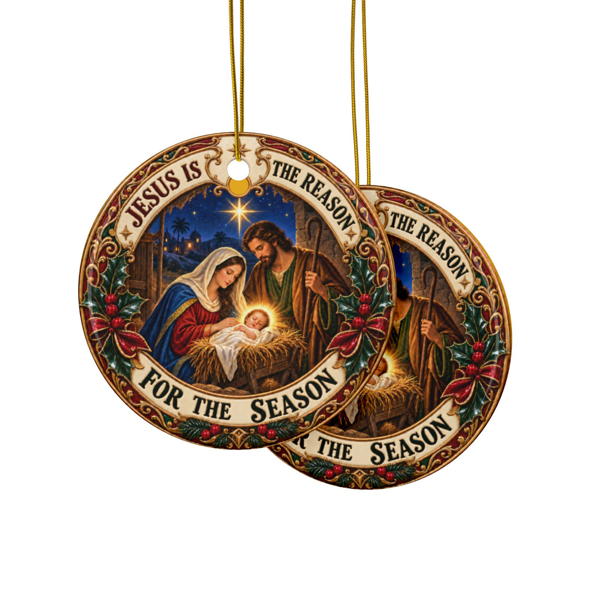 Jesus is the Reason for the Season Nativity Ceramic Christmas Ornaments, 2-Side Print, (1pc, 3pcs, 5pcs, 10pcs)