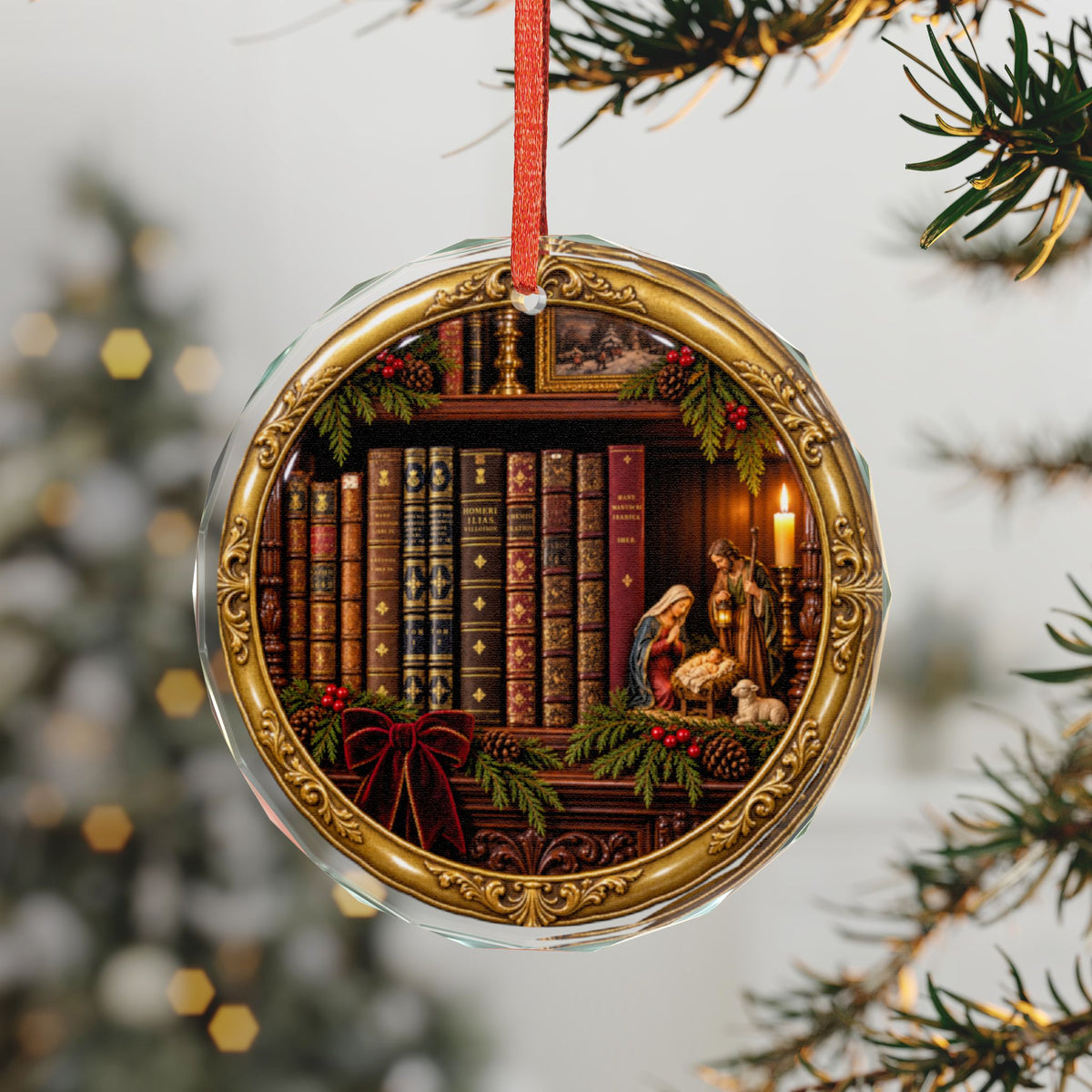 Glass Ornament — Vintage Library Nativity Christmas Decoration
