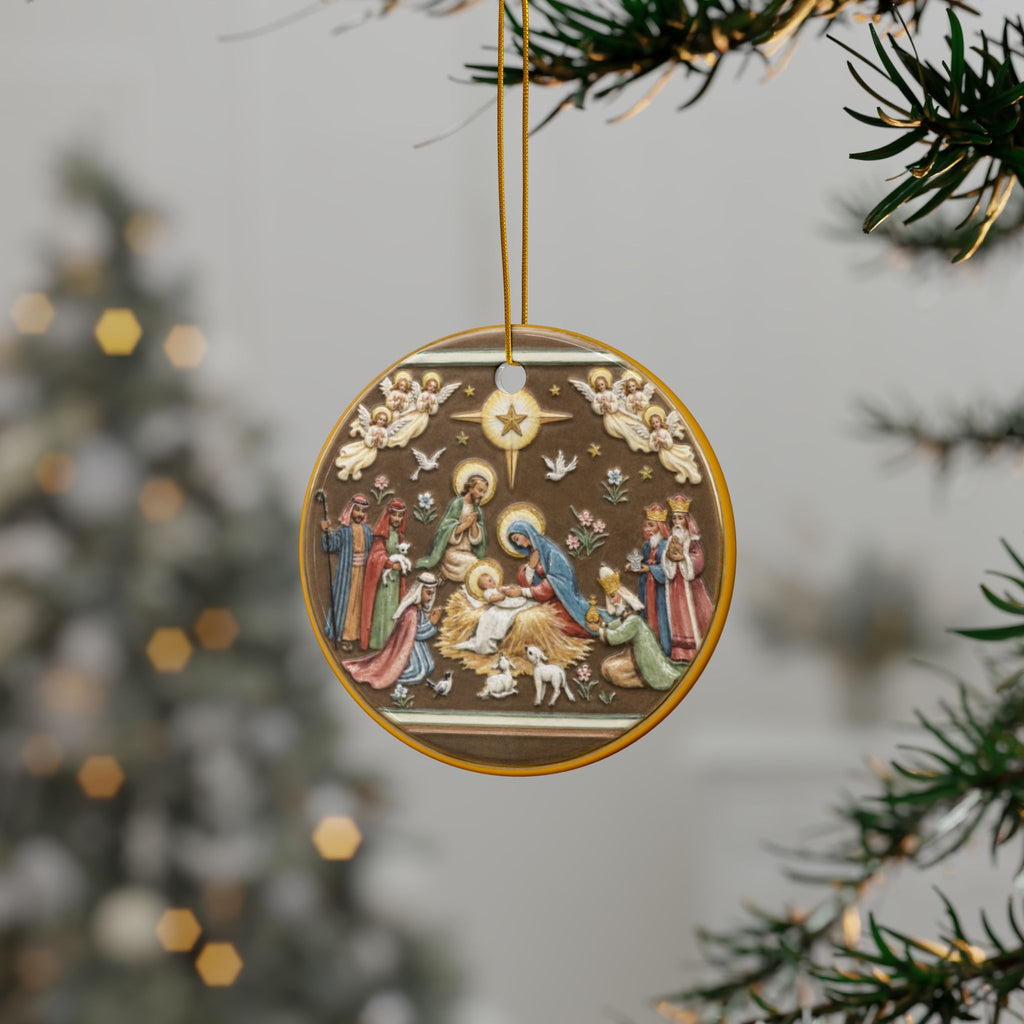 Nativity Scene Ceramic Ornament | Round Double-Sided Christmas Ornament