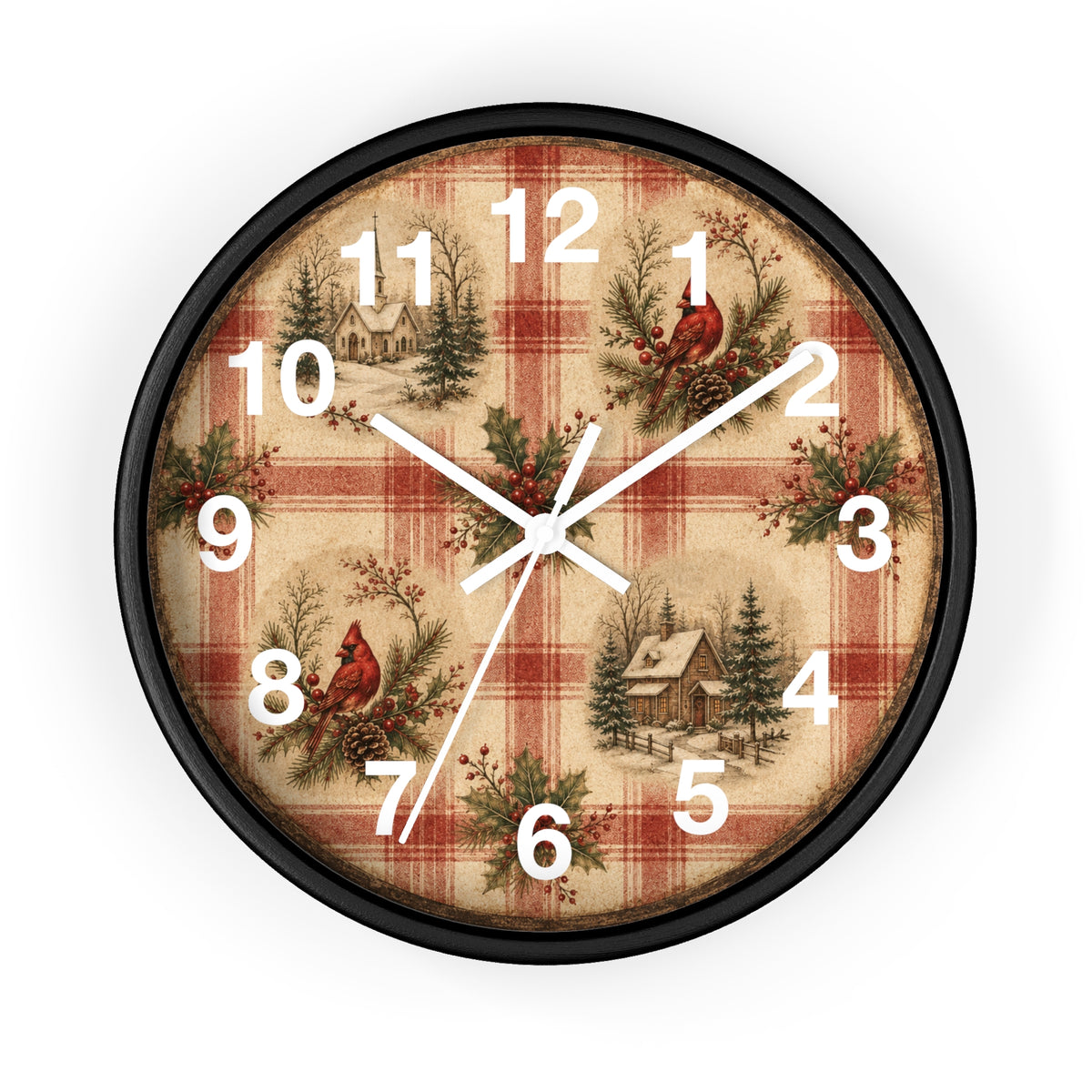 Cardinal Plaid Cabin Wall Clock | Rustic Christmas Cabin Clock