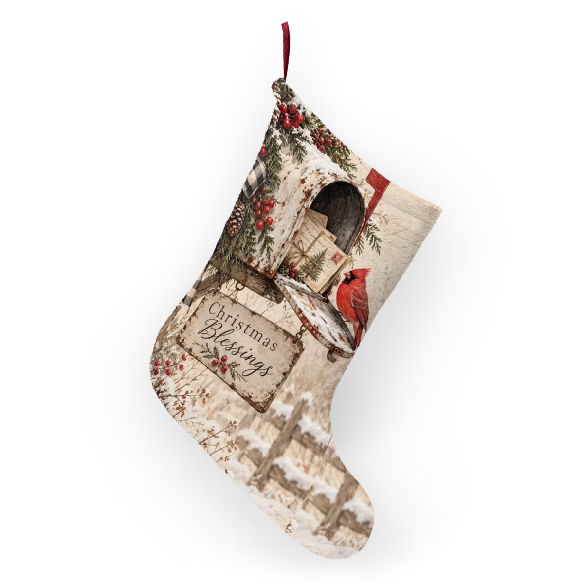 Cardinal on Mailbox Christmas Stocking | Christmas Blessings Holiday Stocking