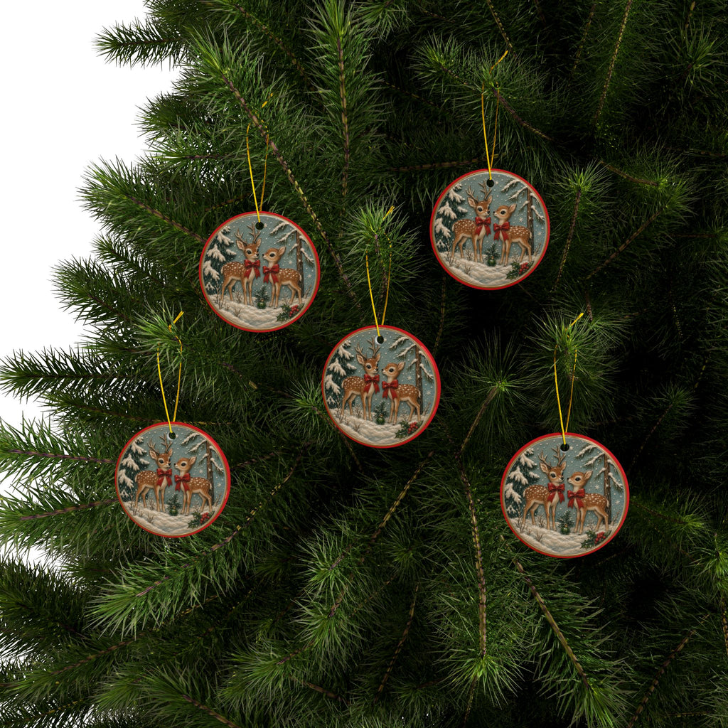 Vintage Reindeer Illustration Ceramic Ornament | Round Double-Sided Christmas Ornament