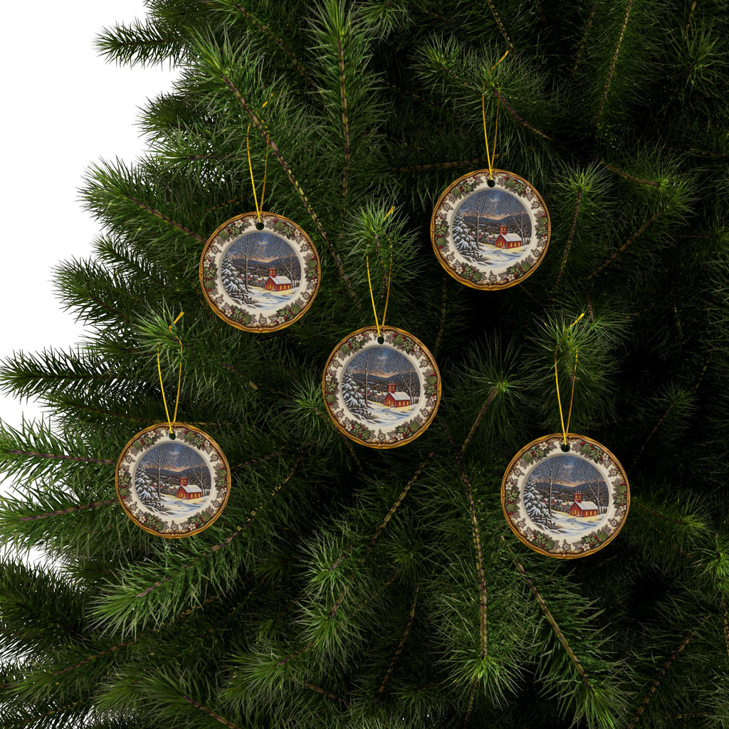 Colorful Snowy Church and Village antique China look Ceramic Christmas Ornaments, 2-Side Print, (1pc, 3pcs, 5pcs, 10pcs)