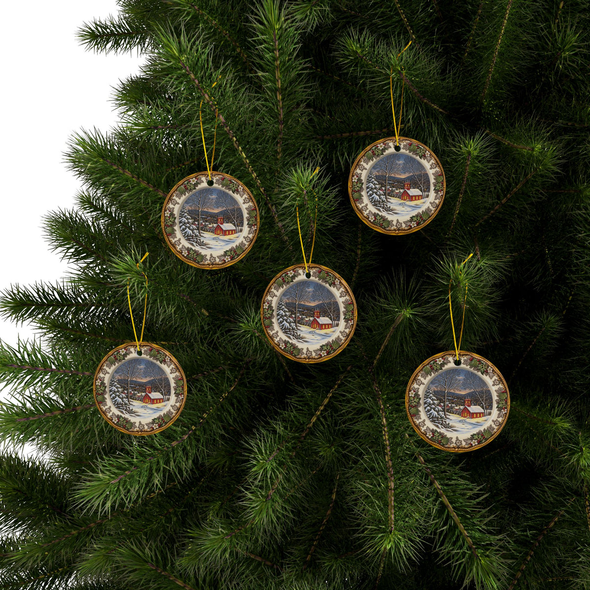 Colorful Snowy Church and Village antique China look Ceramic Christmas Ornaments, 2-Side Print, (1pc, 3pcs, 5pcs, 10pcs)