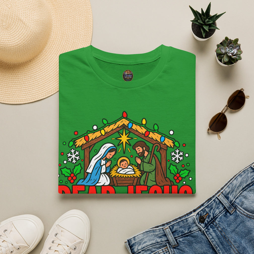 Dear Jesus Nativity Illustration T-Shirt | Humorous Religious Christmas Tee