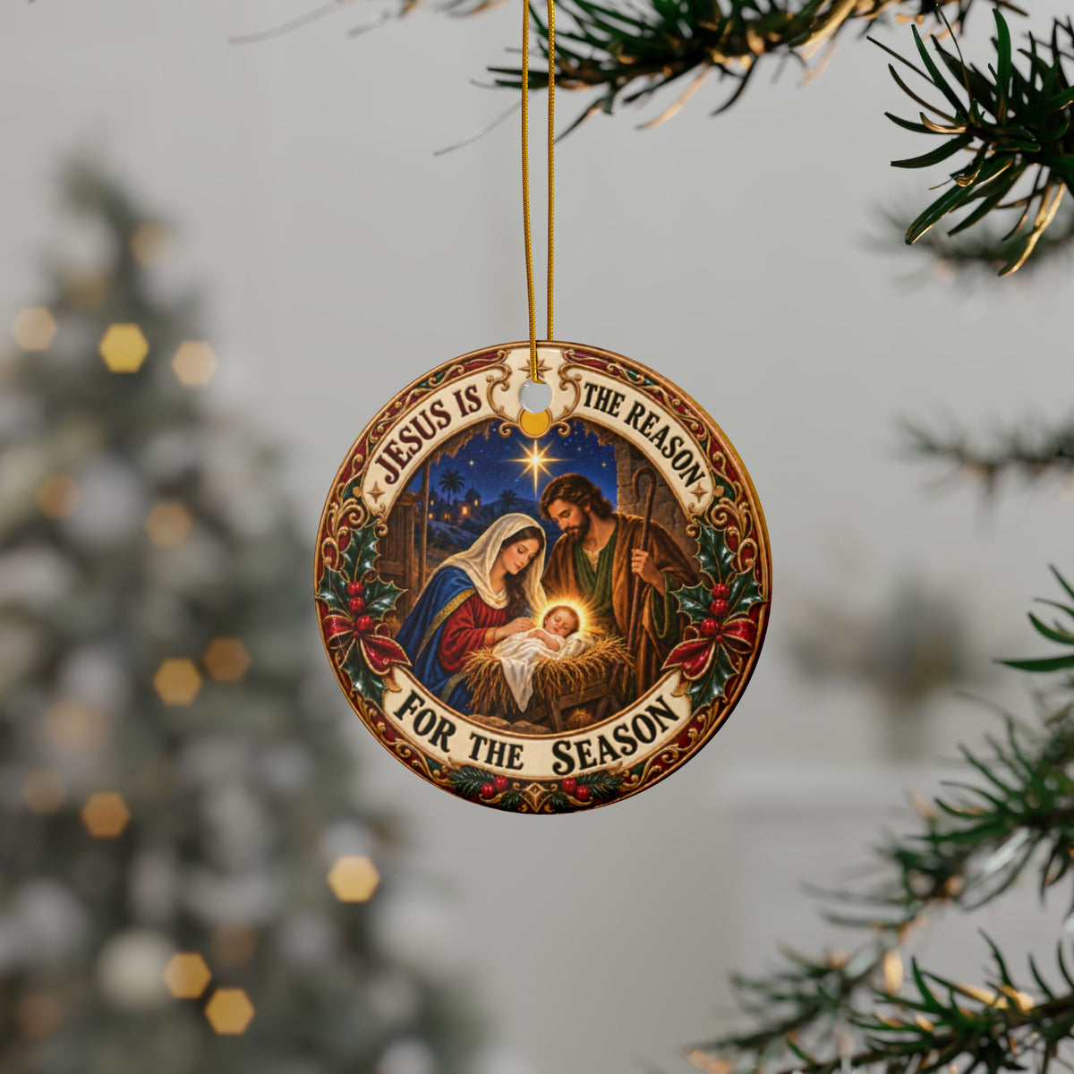 Jesus is the Reason for the Season Nativity Ceramic Christmas Ornaments, 2-Side Print, (1pc, 3pcs, 5pcs, 10pcs)
