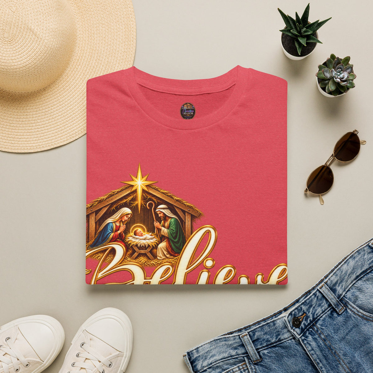 Nativity Manger Believe T-Shirt | Christmas Religious Holiday Tee
