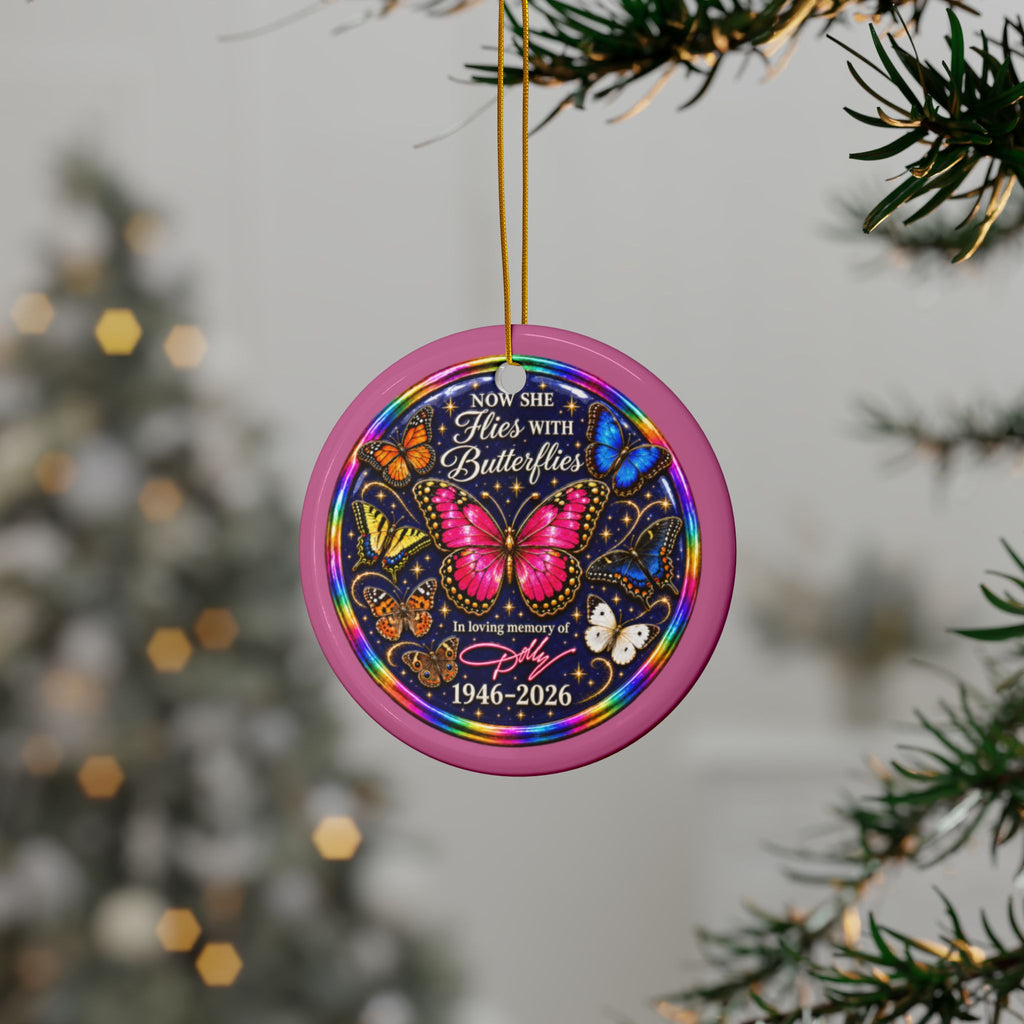 Dolly Remembrance Now She Flies With Butterflies Ceramic Christmas Ornament | Sets of 1, 3, 5 or 10