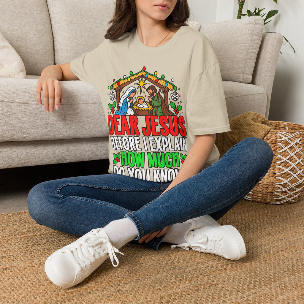 Dear Jesus Nativity Illustration T-Shirt | Humorous Religious Christmas Tee