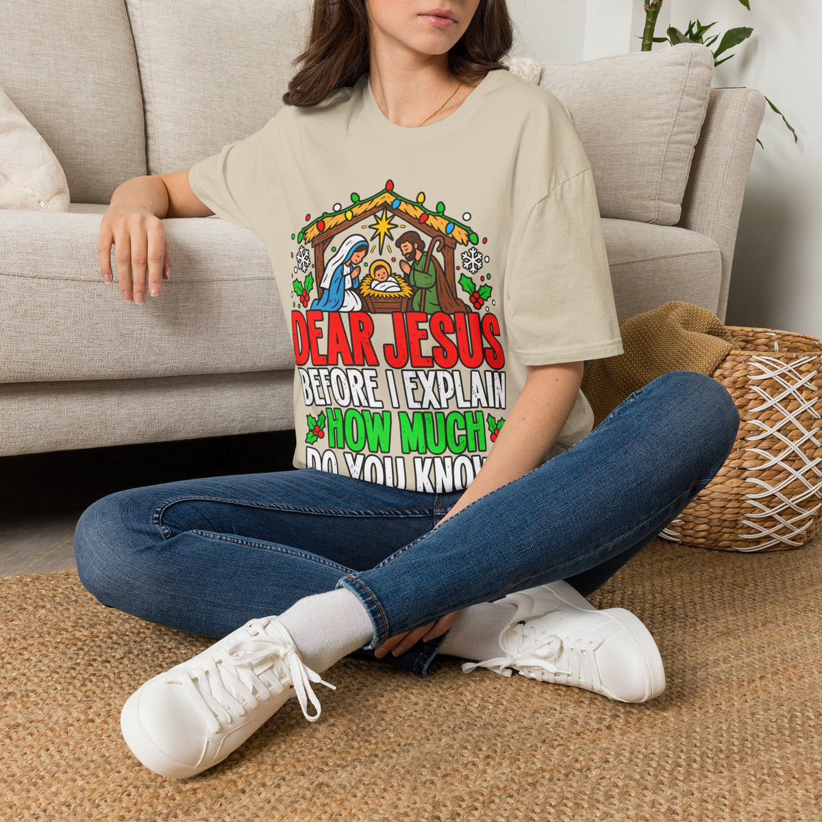 Dear Jesus Nativity Illustration T-Shirt | Humorous Religious Christmas Tee