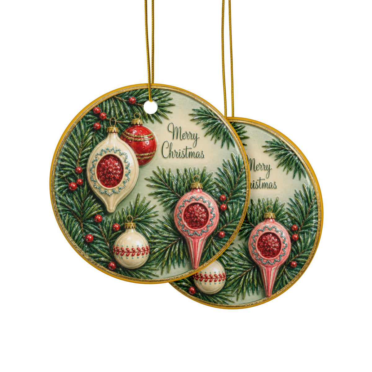 Vintage Decor Ceramic Christmas Ornaments, 2-Side Print, (1pc, 3pcs, 5pcs, 10pcs)