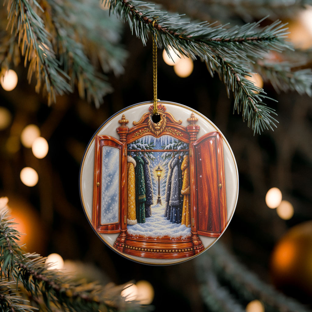 Ceramic Ornament — Winter Wardrobe Portal & Snowy Satyr Scene (2-Sided Holiday Decoration)