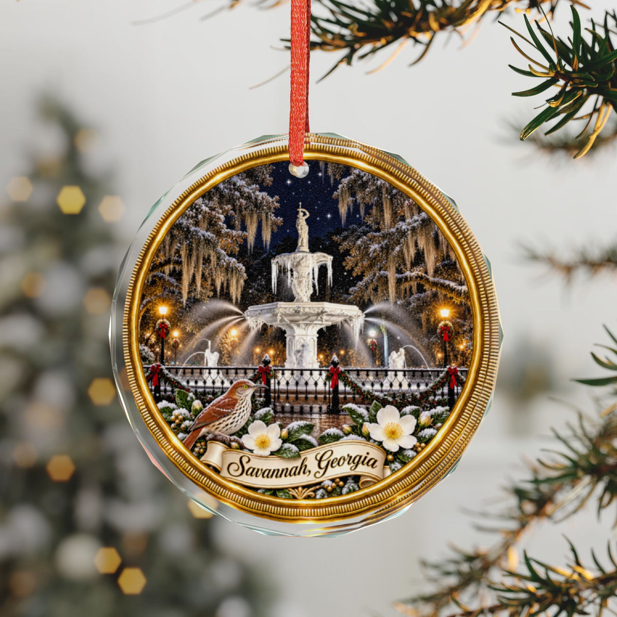 Savannah Georgia Forsyth Fountain Glass Christmas Ornament