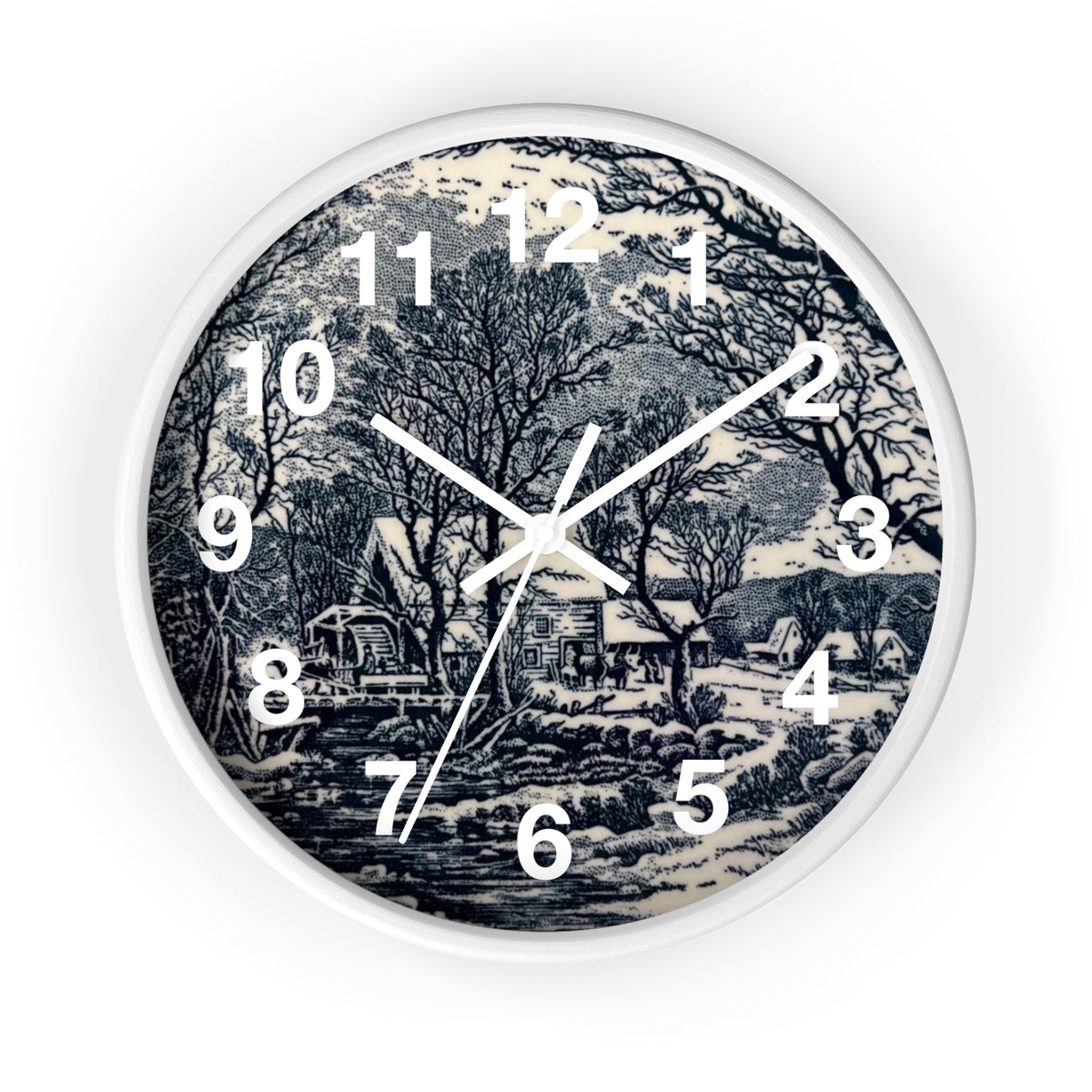 Blue and White Winter Transferware Style Wall Clock