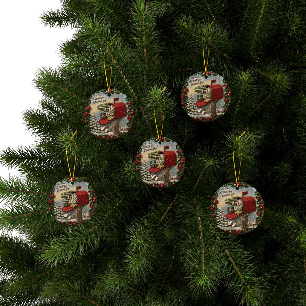 Vintage Red Mailbox Christmas Joy Ceramic Christmas Ornaments, 2-Side Print, (1pc, 3pcs, 5pcs, 10pcs)