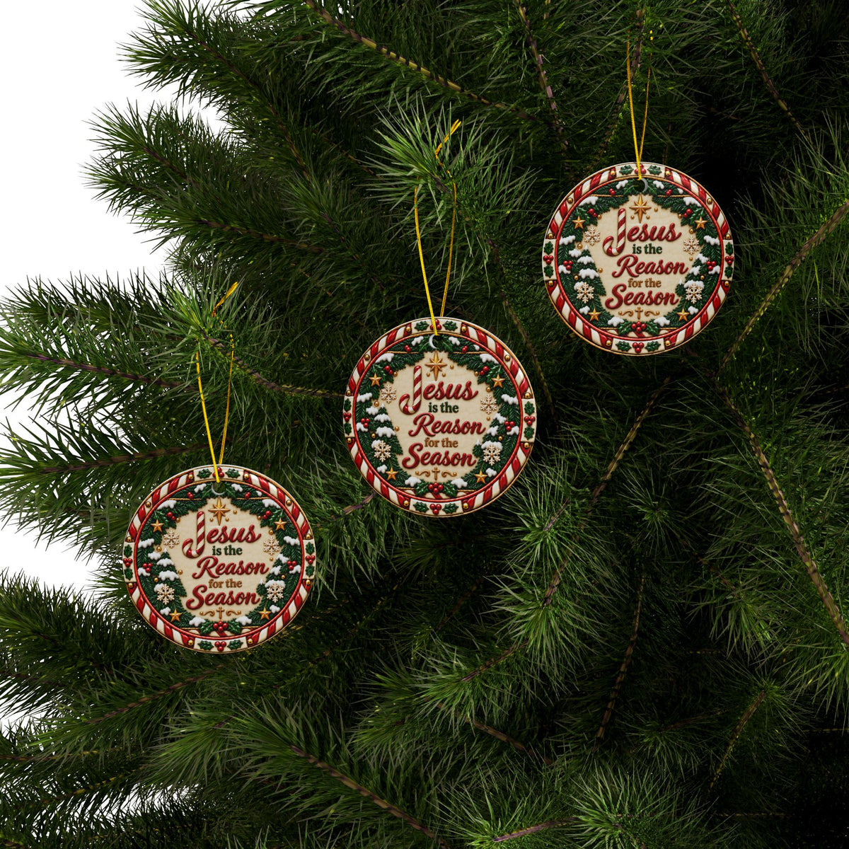 Jesus Is the Reason Candy Cane Ceramic Christmas Ornament | Christian Holiday Décor | Sets of 1, 3, 5 or 10